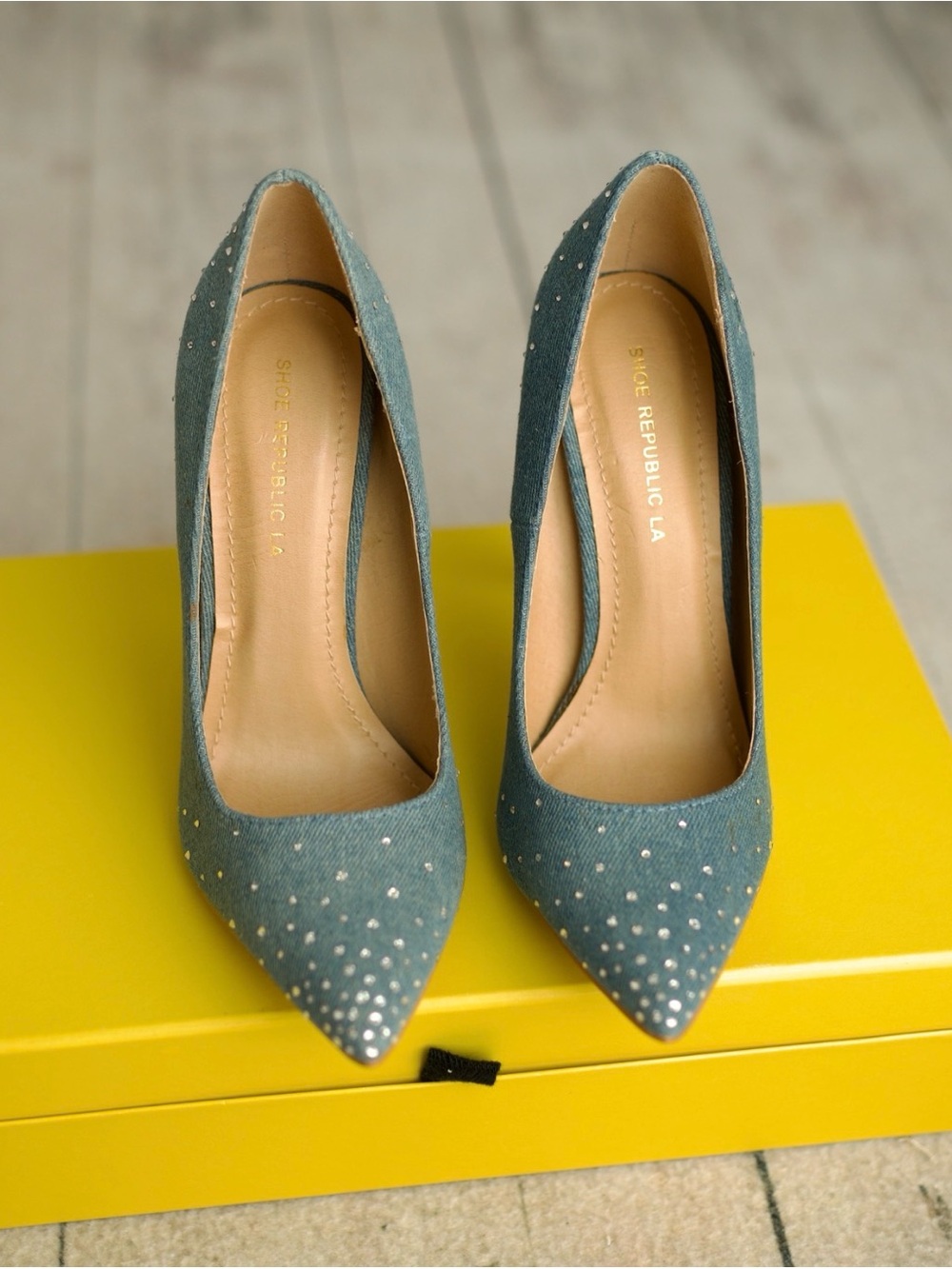 Denim High Heel Pumps with Hand-Applied Geniune Swarovski® Crystals